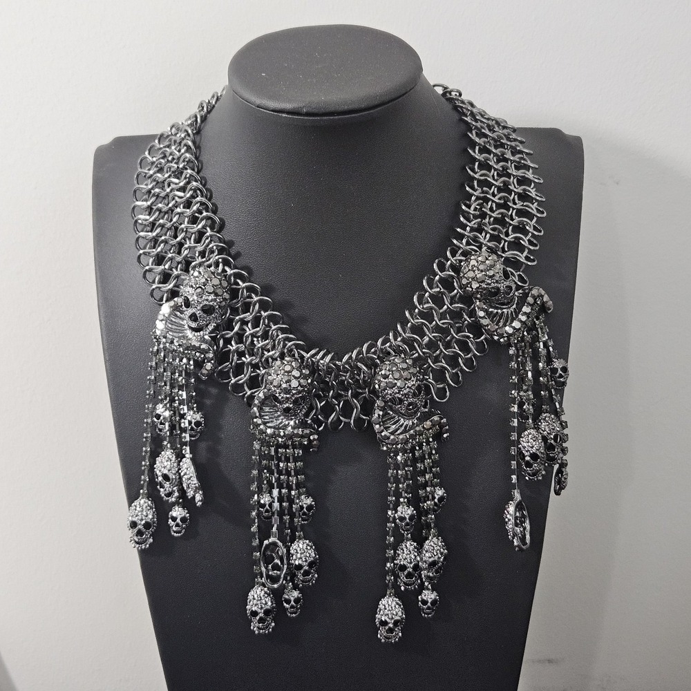Gunmetal Gothic Skull Necklace Crystal Chainmail Natasha Halloween Bib Choker